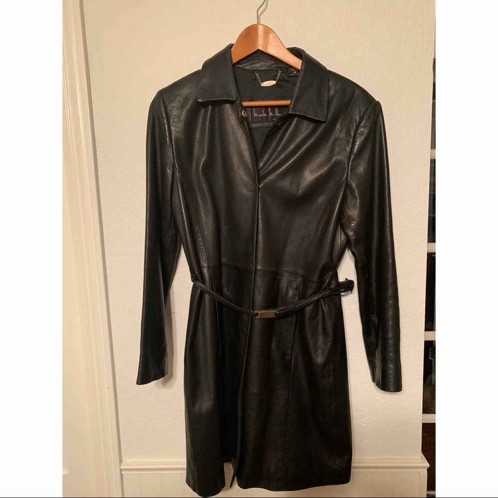 Belted Long Black Leather Jacket by Nicole Miller